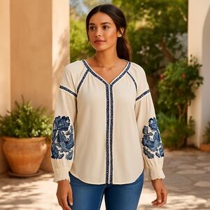 Mocha Pale Yellow/Navy Embroidery Boho Peasant Top Blouson Sleeves EUC L #2509